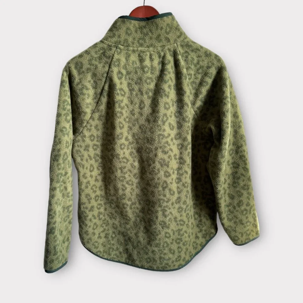 J. Crew Fleece Pullover, Green with Cheeta Print Size Small Like New - Picture 2 of 3